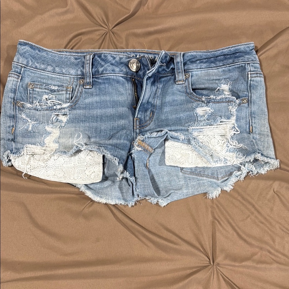 American Eagle Outfitters Blue and White Distressed Jean Shorts